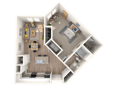 Floor plan for 1 bed, 1 bath, 911 sqft